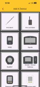 Screen displaying options to add devices, including RFX MEAT, RFX GATEWAY, NODE, Signals, BlueDOT, and various WiFi devices.